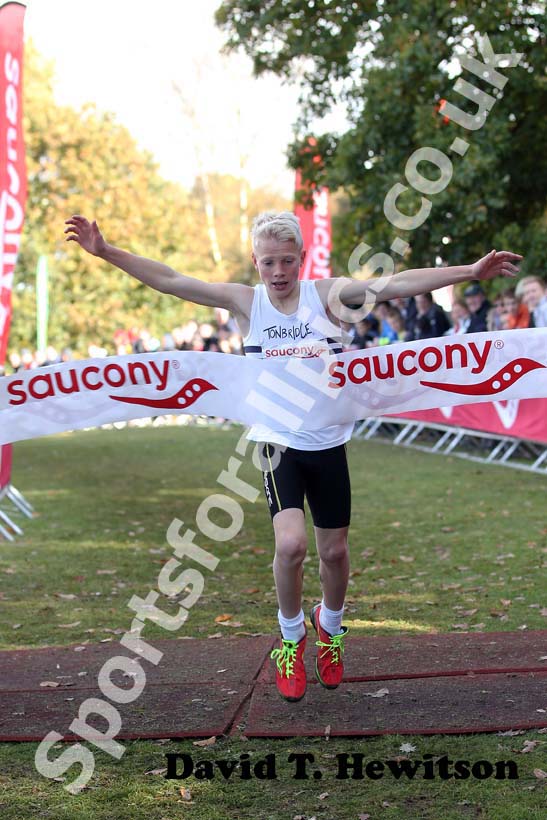 T. Kendrick (Tonbridge) win the under-13 bpys 2012 National Cross Country Relay Championships.